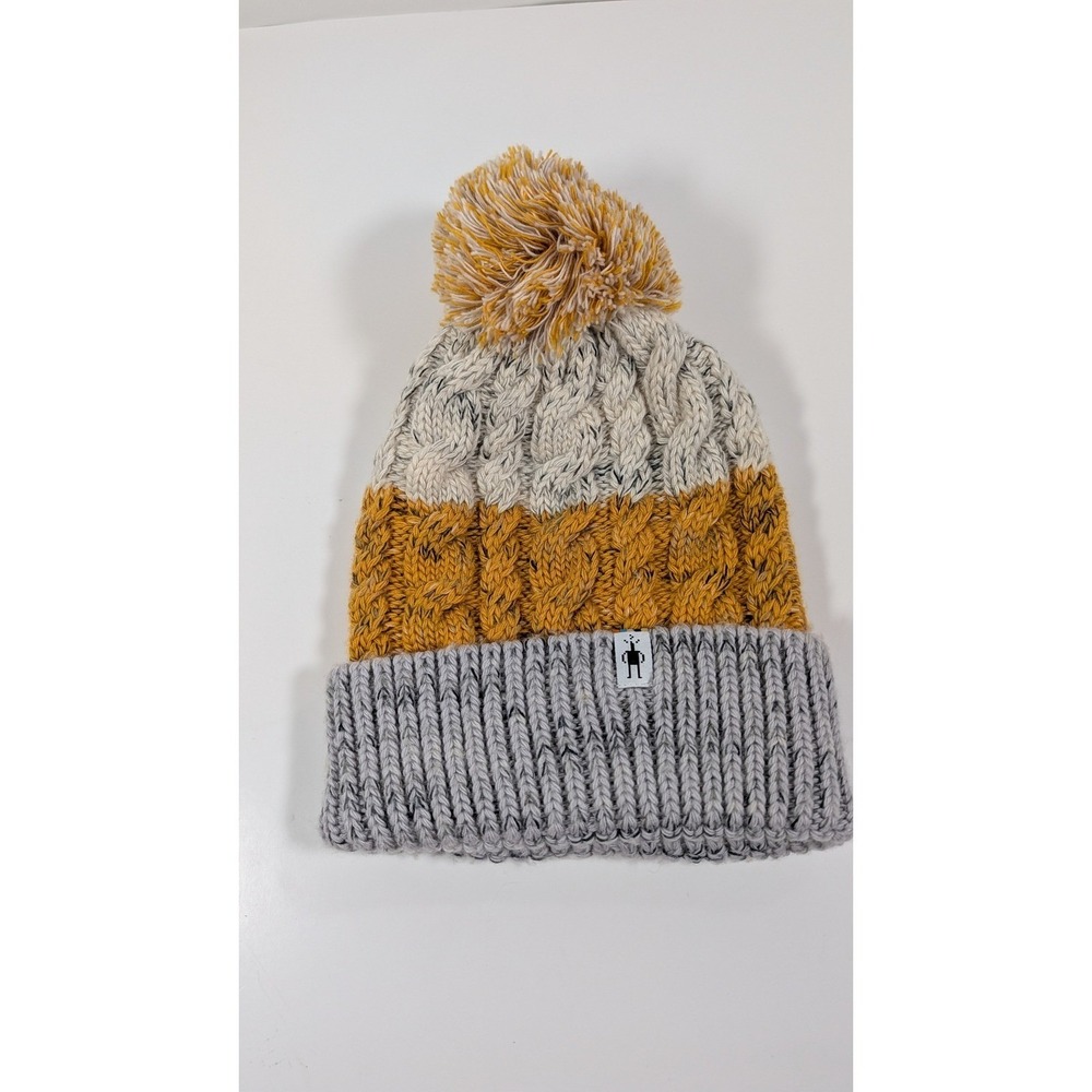Smartwool Merino Wool Blend Cable Knit Pom Beanie Hat Grey Yellow Cream